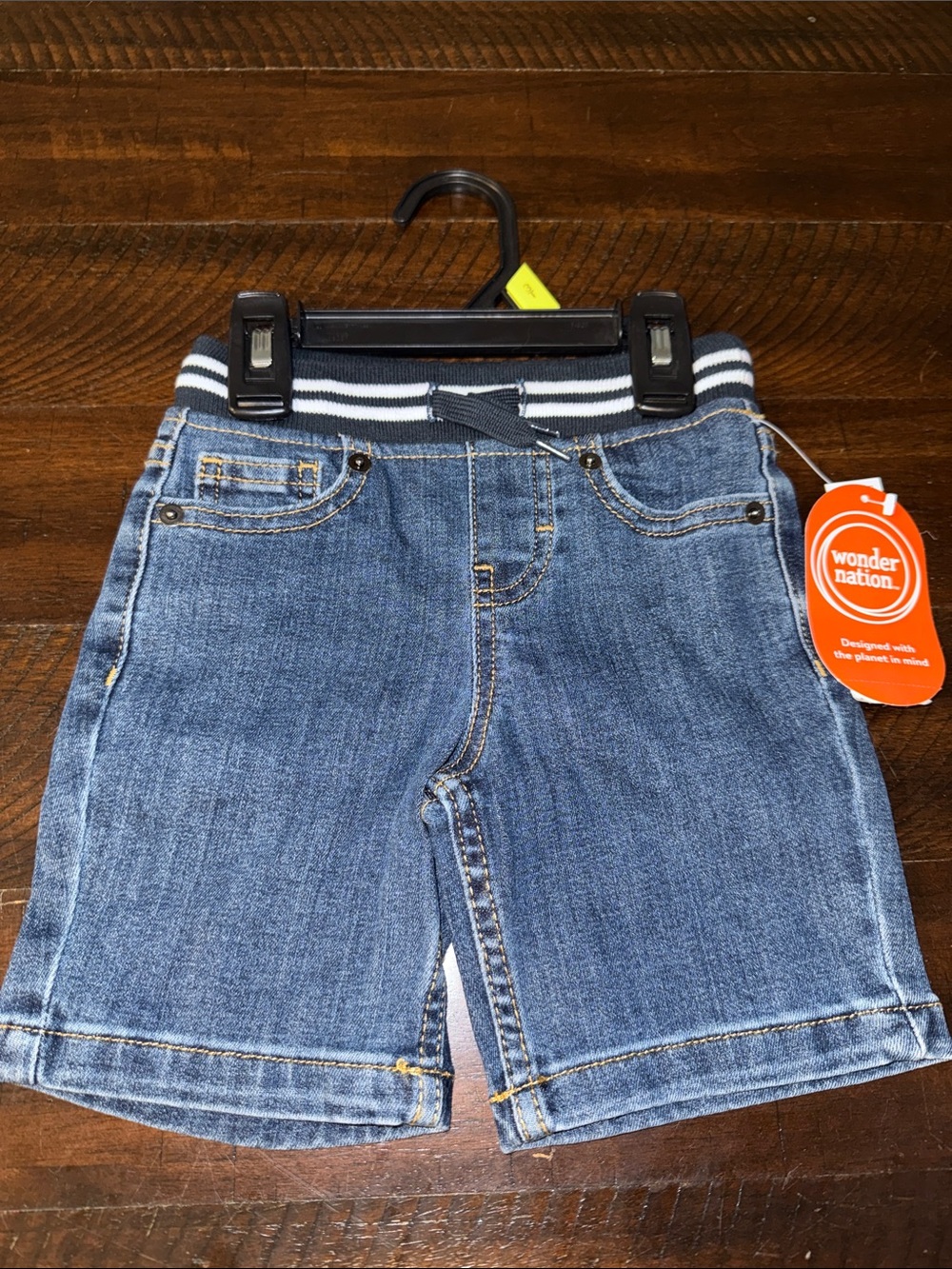 wonder nation Blue Denim Kids Shorts with Navy & White Striped Waistband 3T